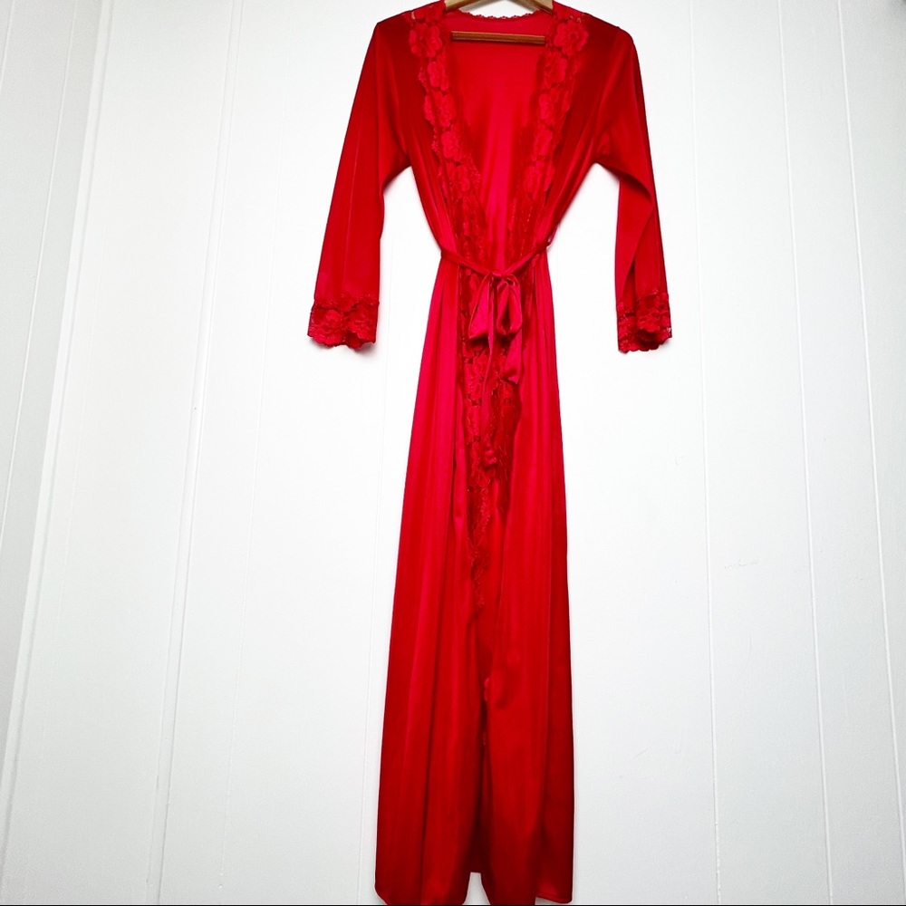 Vintage Red Lace Negligée Long Sleeve Robe Women’s Size Medium